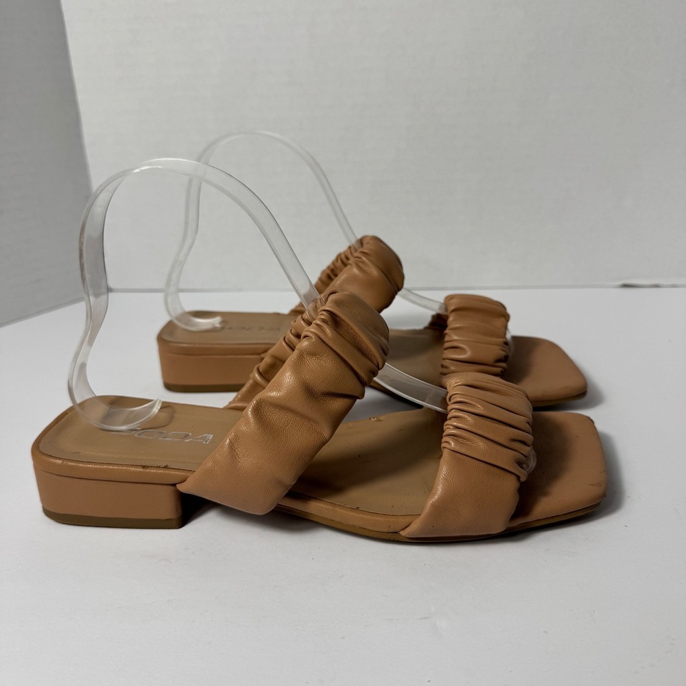 Soda Womens Ruched Double Strap Slide Sandals Tan Brown Square Toe Block Heel 7